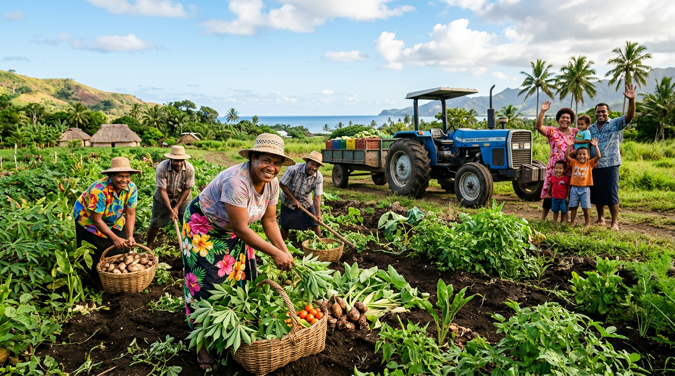 Farmers harvesting yams and vegetables on tropical farm with family and tractor