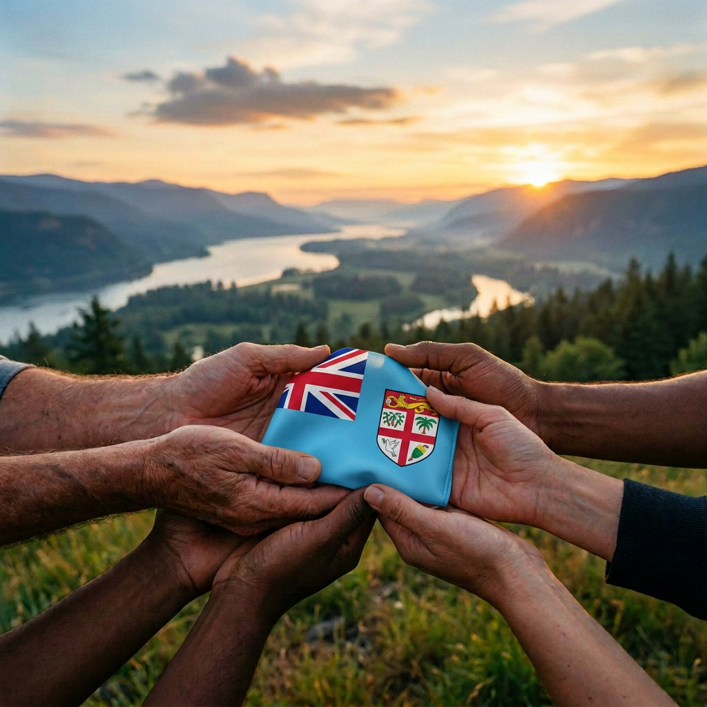 Several hands holding a compass over a mountain valley at sunset